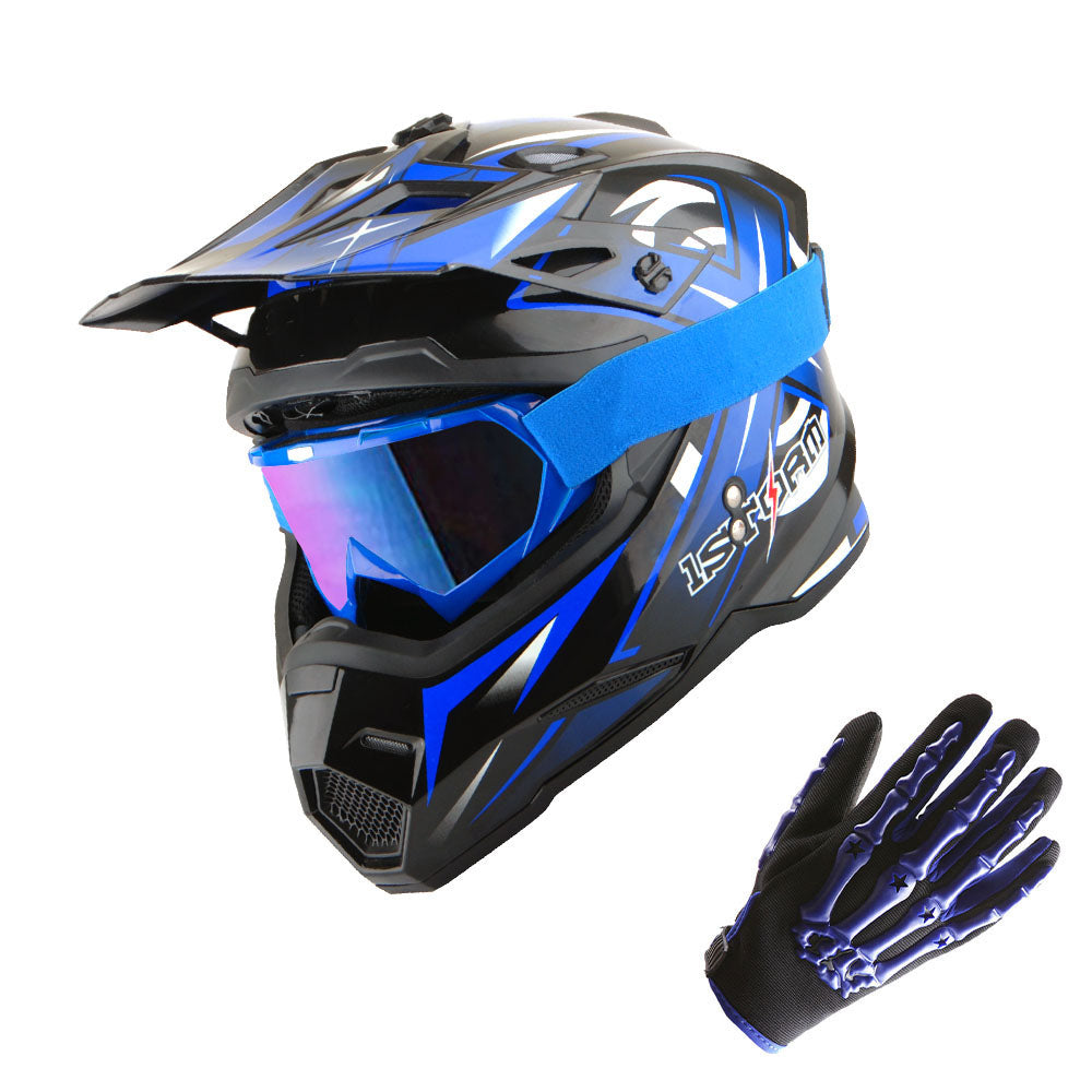 1Storm Youth Kids Motocross Helmet BMX MX Bike Helmet Teenager Racing Style Youth_HF801 + Goggles + Skeleton Glove Bundle