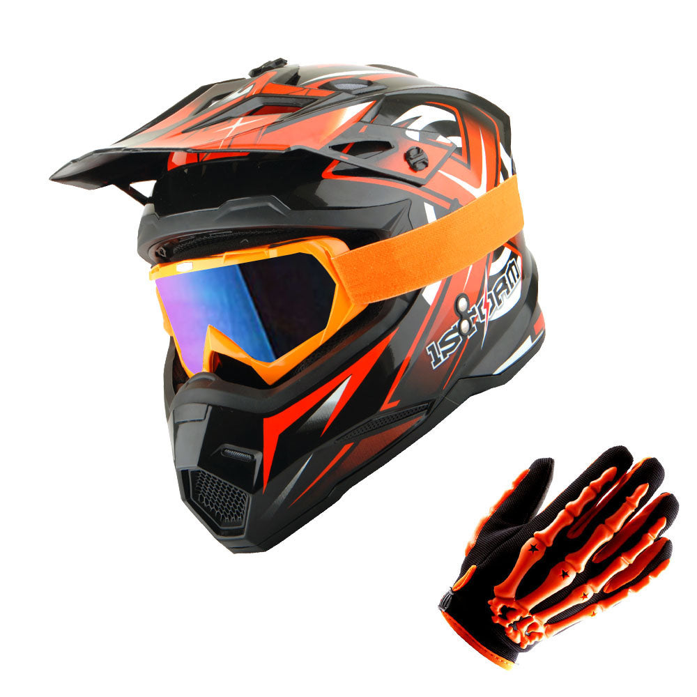 1Storm Youth Kids Motocross Helmet BMX MX Bike Helmet Teenager Racing Style Youth_HF801 + Goggles + Skeleton Glove Bundle