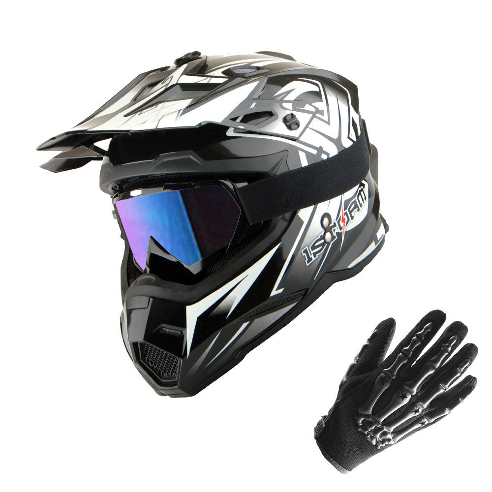1Storm Youth Kids Motocross Helmet BMX MX Bike Helmet Teenager Racing Style Youth_HF801 + Goggles + Skeleton Glove Bundle