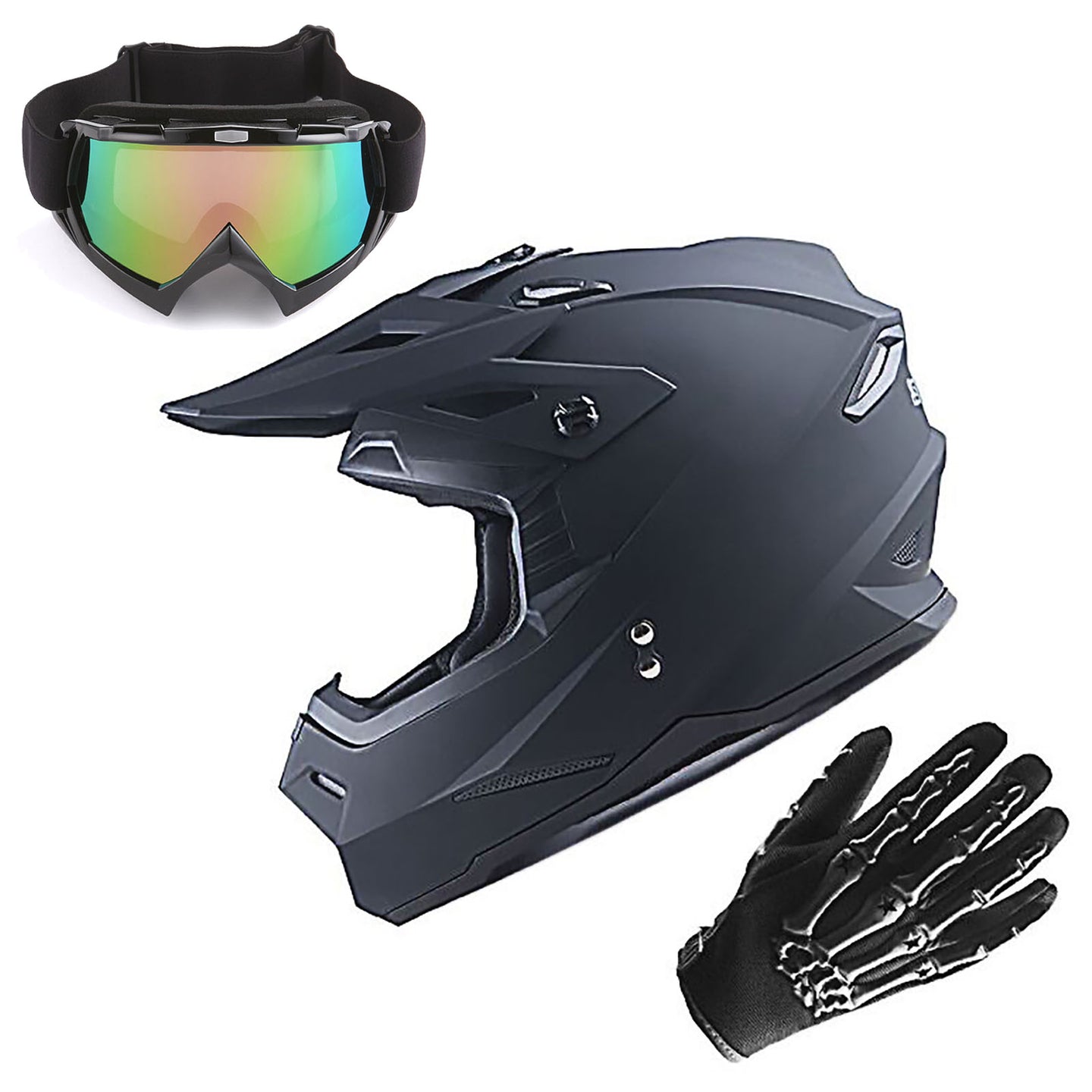 1Storm Youth Kids Motocross Helmet BMX MX Bike Helmet Teenager Racing Style Youth_HF801 + Goggles + Skeleton Glove Bundle