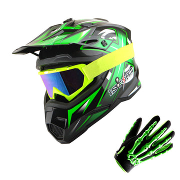 1Storm Youth Kids Motocross Helmet BMX MX Bike Helmet Teenager Racing Style Youth_HF801 + Goggles + Skeleton Glove Bundle