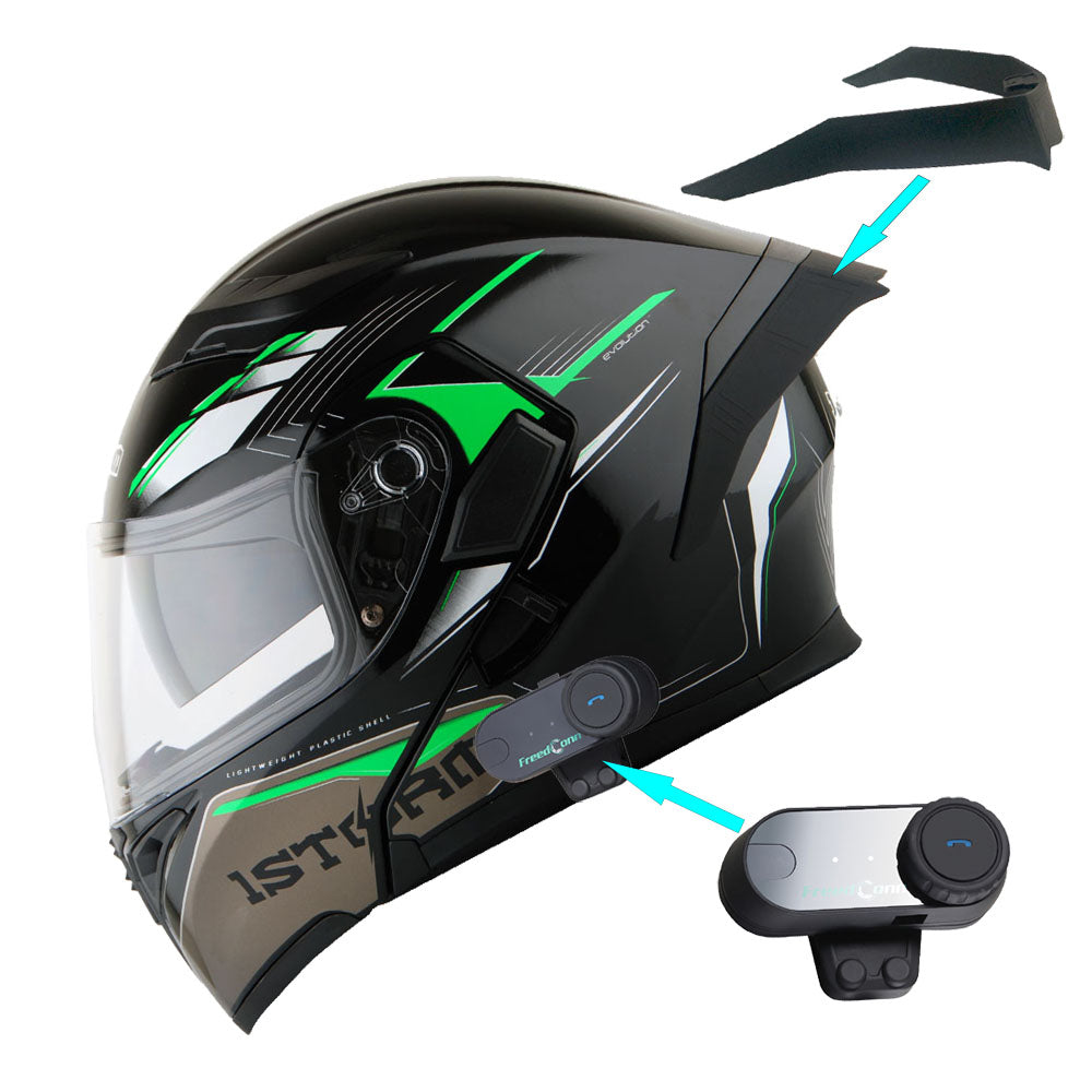 1Storm Motorcycle Modular Full Face Flip up Dual Visor Helmet + Spoiler + Motorcycle Bluetooth Headset: HB89