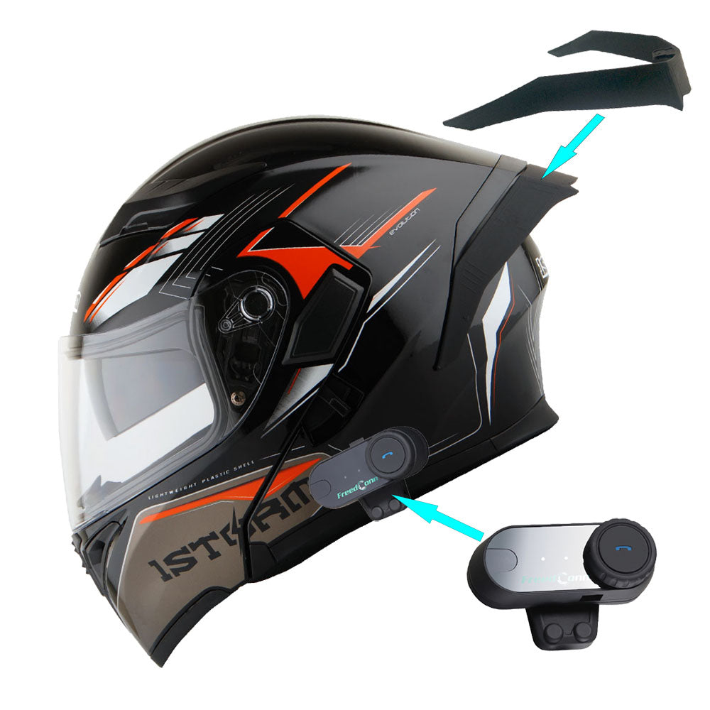 1Storm Motorcycle Modular Full Face Flip up Dual Visor Helmet + Spoiler + Motorcycle Bluetooth Headset: HB89