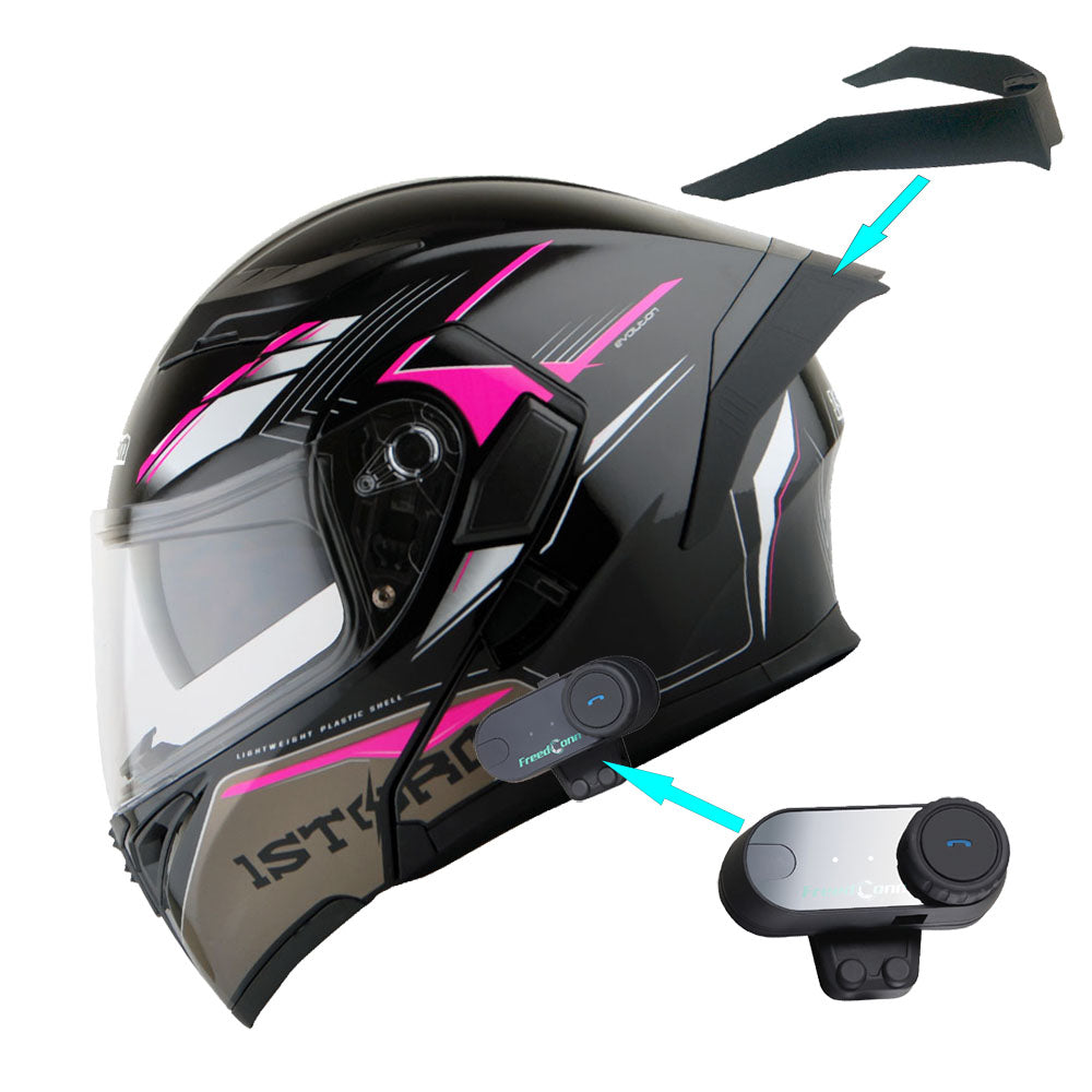 1Storm Motorcycle Modular Full Face Flip up Dual Visor Helmet + Spoiler + Motorcycle Bluetooth Headset: HB89