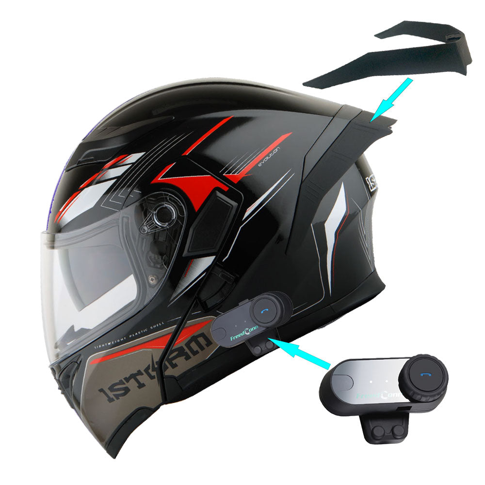 1Storm Motorcycle Modular Full Face Flip up Dual Visor Helmet + Spoiler + Motorcycle Bluetooth Headset: HB89