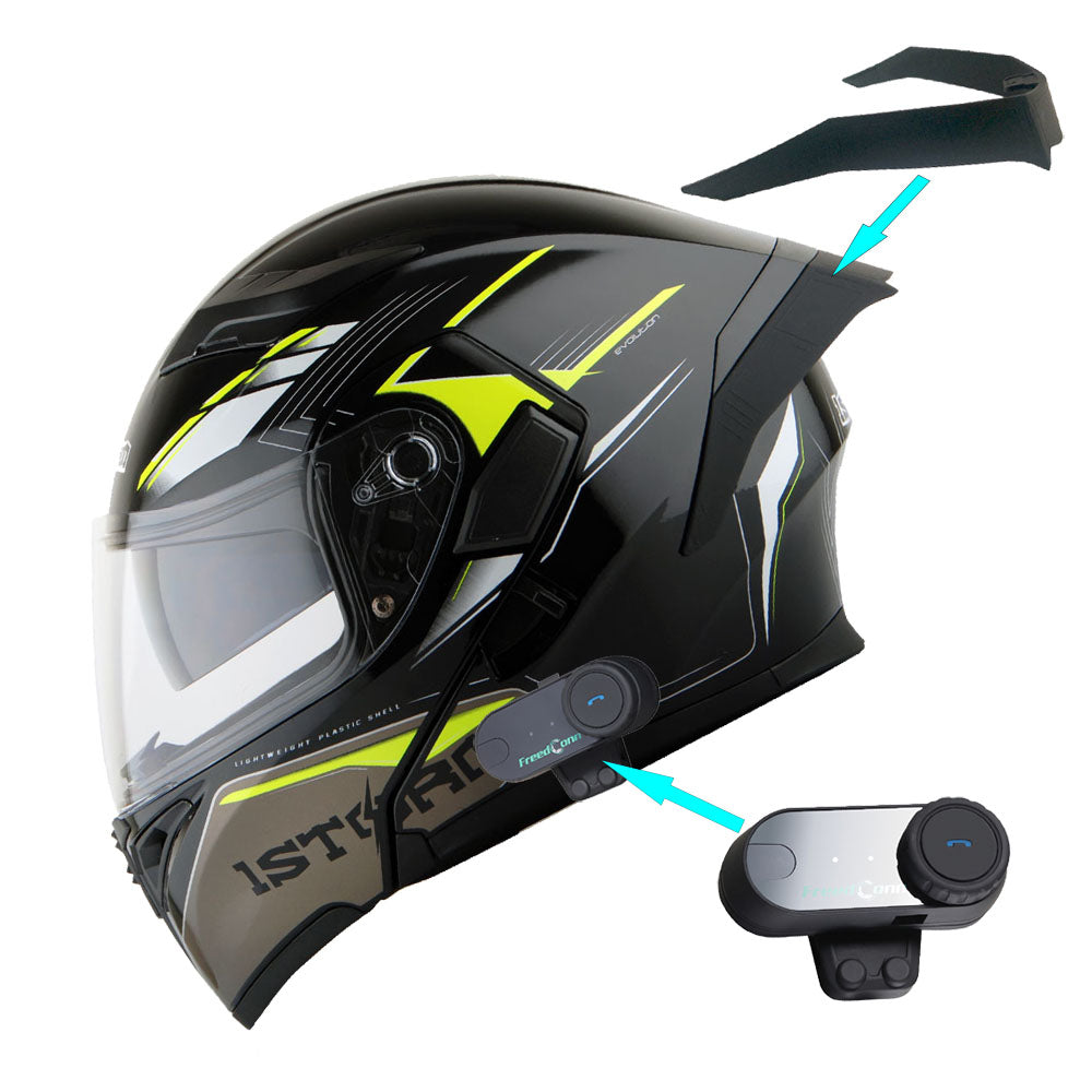 1Storm Motorcycle Modular Full Face Flip up Dual Visor Helmet + Spoiler + Motorcycle Bluetooth Headset: HB89