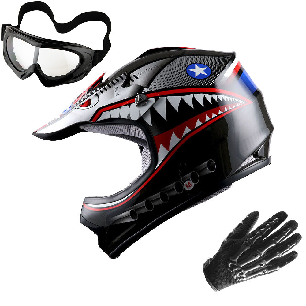 WOW Youth Kids Motocross BMX MX ATV Dirt Bike Helmet Shark + Goggles + Skeleton Glove Bundle: HBOY-K-Shark_Bundle