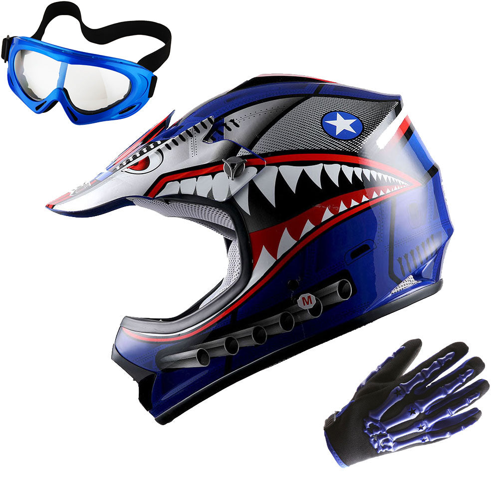 WOW Youth Kids Motocross BMX MX ATV Dirt Bike Helmet Shark + Goggles + Skeleton Glove Bundle: HBOY-K-Shark_Bundle