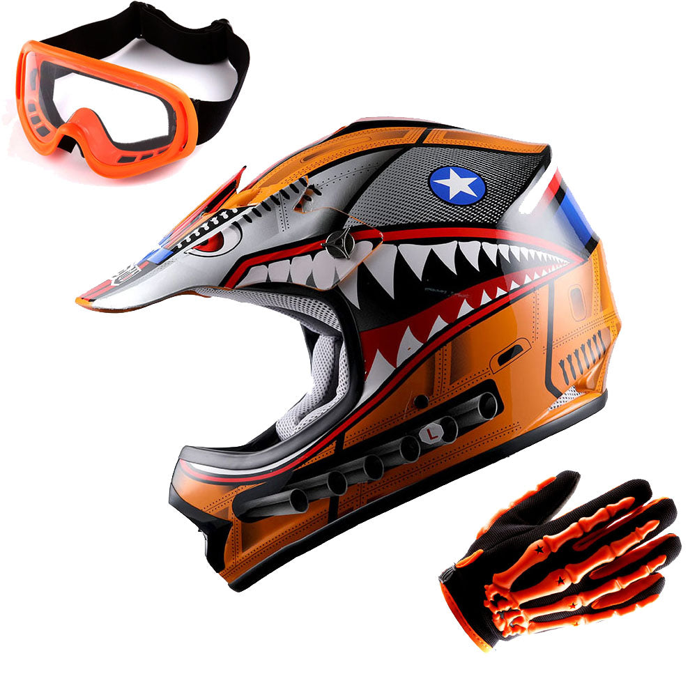 WOW Youth Kids Motocross BMX MX ATV Dirt Bike Helmet Shark + Goggles + Skeleton Glove Bundle: HBOY-K-Shark_Bundle