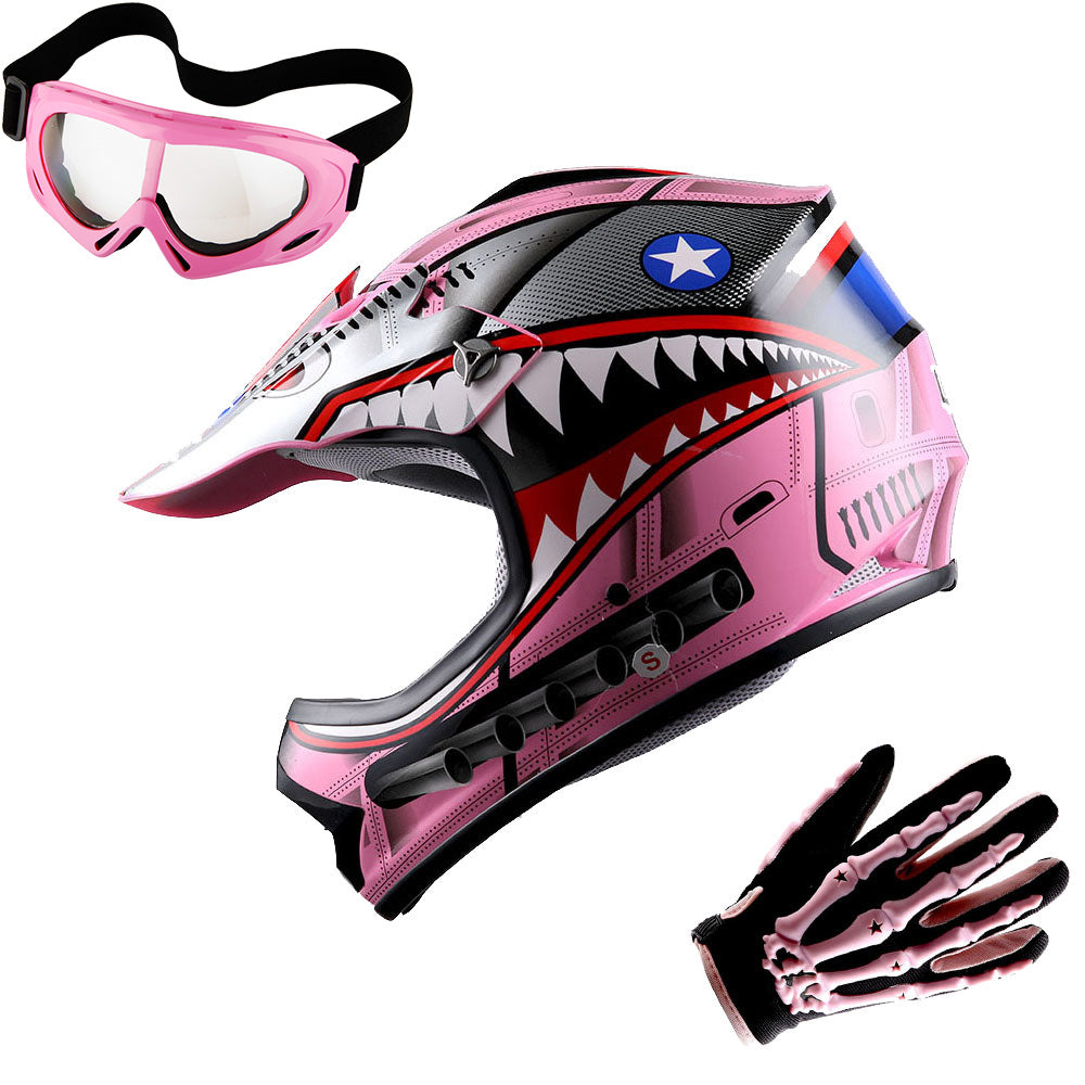 WOW Youth Kids Motocross BMX MX ATV Dirt Bike Helmet Shark + Goggles + Skeleton Glove Bundle: HBOY-K-Shark_Bundle
