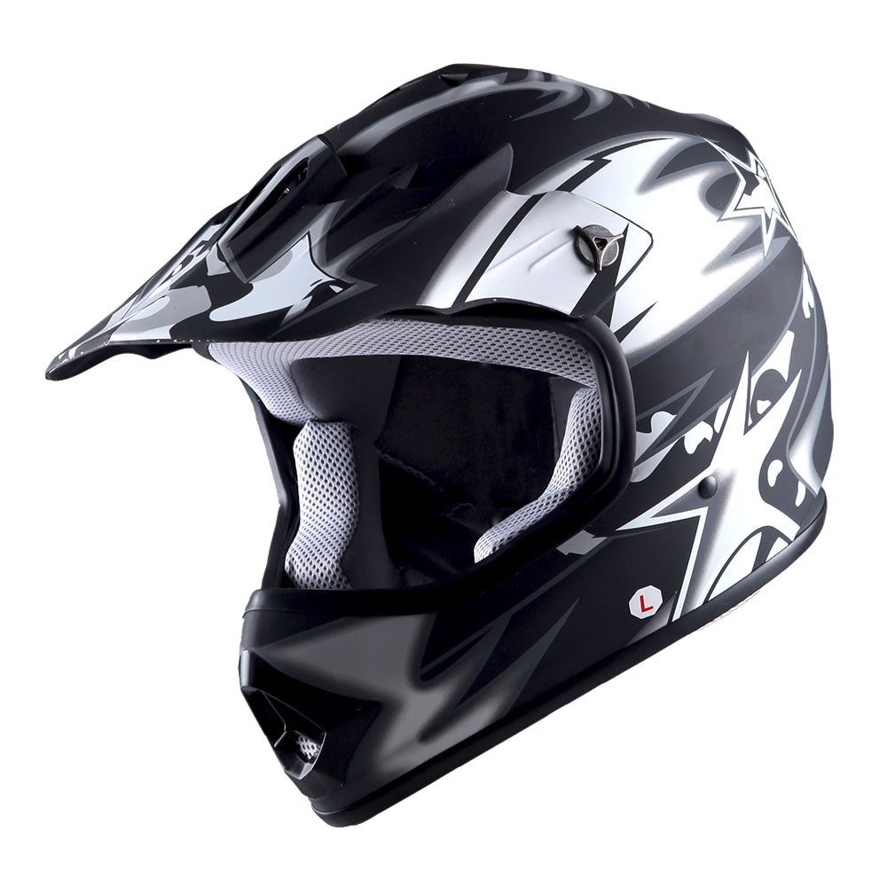 WOW Youth Motocross Helmet BMX MX ATV Dirt Bike Helmet Matt Star + Goggles + Skeleton Glove Bundle: HBOY-K_Star