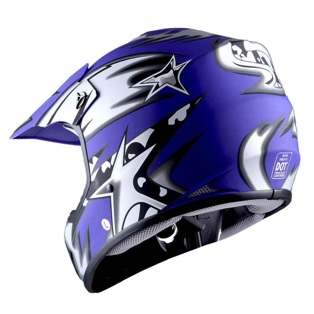 WOW Youth Motocross Helmet BMX MX ATV Dirt Bike Helmet Matt Star + Goggles + Skeleton Glove Bundle: HBOY-K_Star