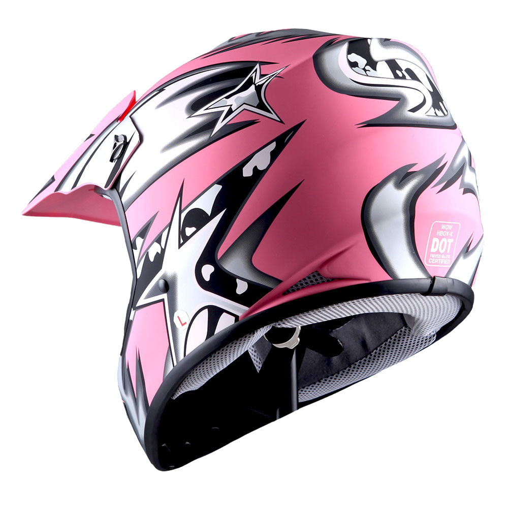 WOW Youth Motocross Helmet BMX MX ATV Dirt Bike Helmet Matt Star + Goggles + Skeleton Glove Bundle: HBOY-K_Star