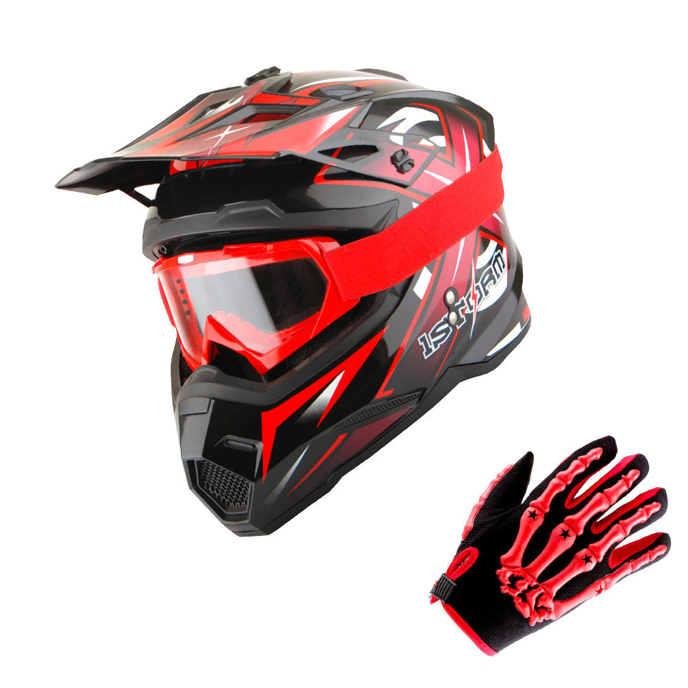 1Storm Adult Motocross Helmet BMX MX ATV Dirt Bike Helmet HF801 Racing Style + Goggles + Skeleton Glove Bundle