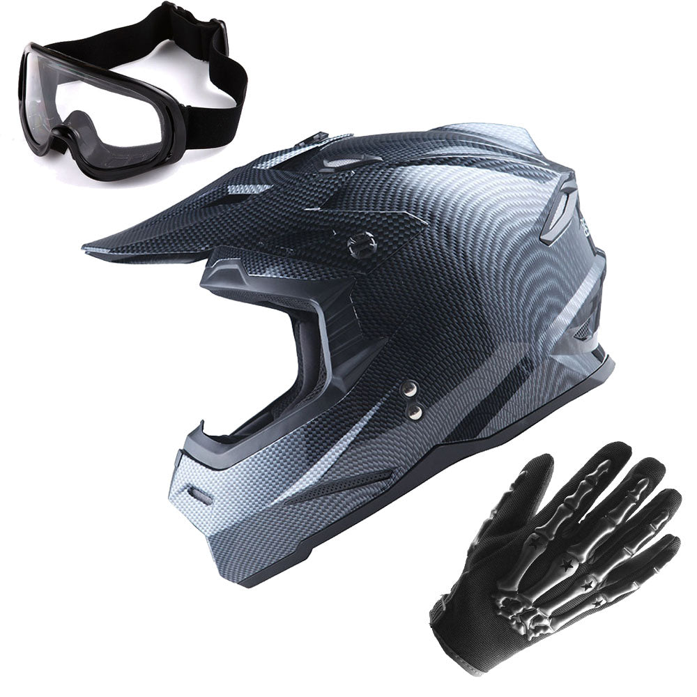1Storm Adult Motocross Helmet BMX MX ATV Dirt Bike Helmet HF801 Racing Style + Goggles + Skeleton Glove Bundle