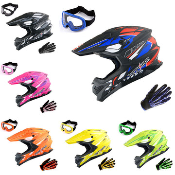 1Storm Motocross Adult Helmet Downhill Mountain Bike Helmet BMX MX ATV Dirt Bike Storm Style HF803 + Goggles + Skeleton Glove Bundle
