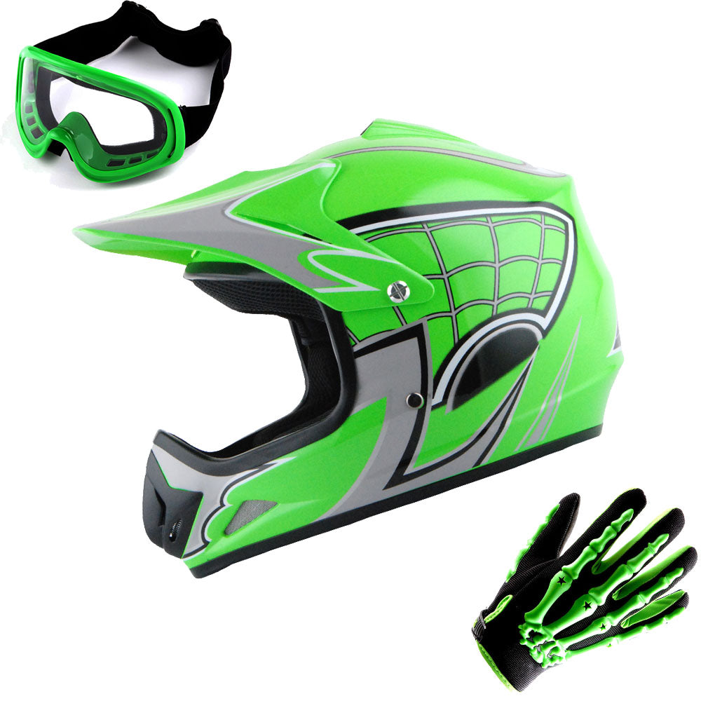 WOW Youth Kids Motocross BMX MX ATV Dirt Bike Helmet HJOY Spider Web + Goggles + Skeleton Glove Bundle