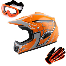 WOW Youth Kids Motocross BMX MX ATV Dirt Bike Helmet HJOY Spider Web + Goggles + Skeleton Glove Bundle