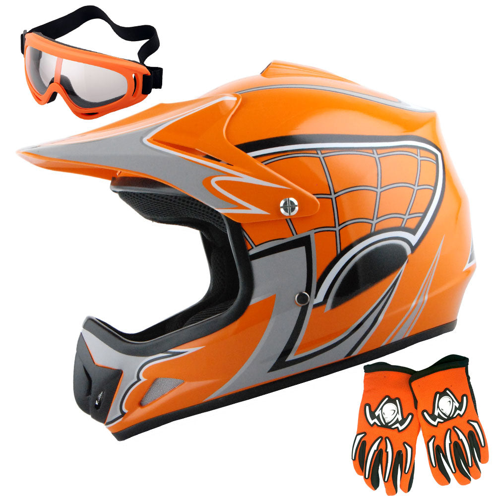 WOW Youth Motocross Helmet HJOY BMX MX ATV Dirt Bike Helmet Spider Web + Goggles + Martian Spider Glove Youth Bundle