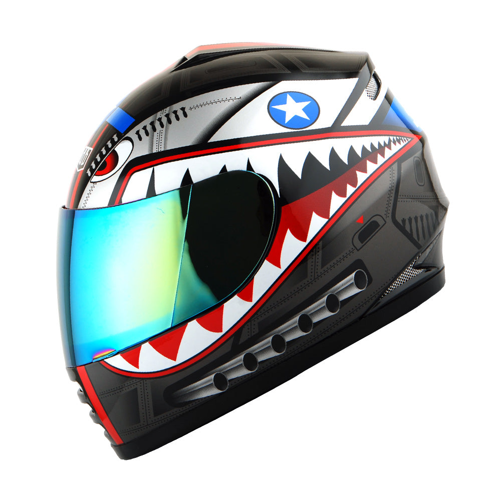 WOW Youth Motorcycle Full Face Helmet Street Bike BMX MX  Kids Shark + MX Skeleton Glove Bundle: HKY-B15
