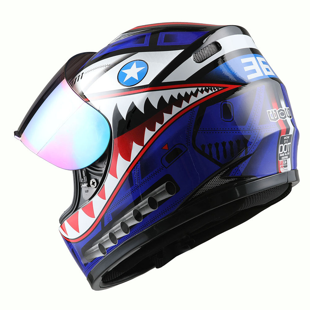 WOW Youth Motorcycle Full Face Helmet Street Bike BMX MX  Kids Shark + MX Skeleton Glove Bundle: HKY-B15