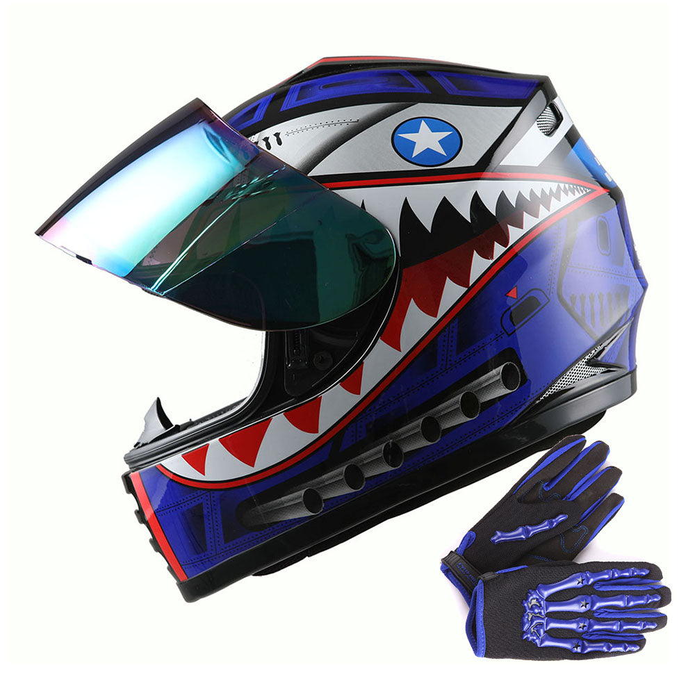 WOW Youth Motorcycle Full Face Helmet Street Bike BMX MX  Kids Shark + MX Skeleton Glove Bundle: HKY-B15