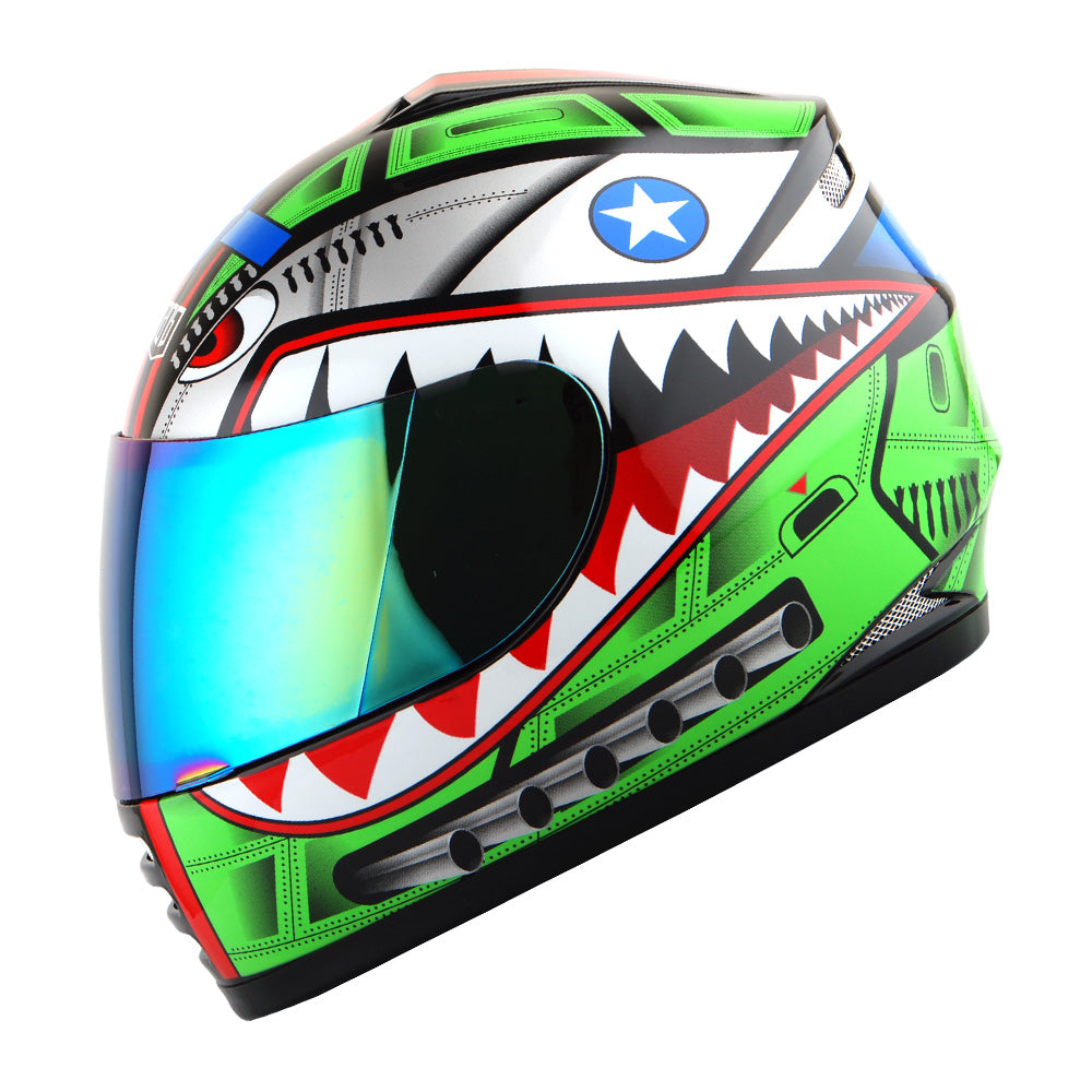 WOW Youth Motorcycle Full Face Helmet Street Bike BMX MX  Kids Shark + MX Skeleton Glove Bundle: HKY-B15