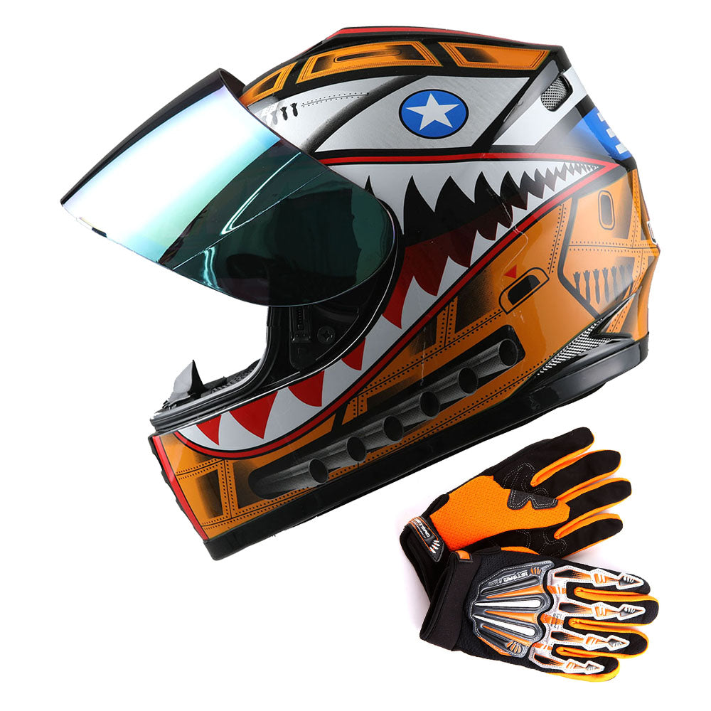 WOW Youth Kids Motorcycle Full Face Helmet Street Bike BMX MX + Skeleton Glove Bundle: HKY-B15