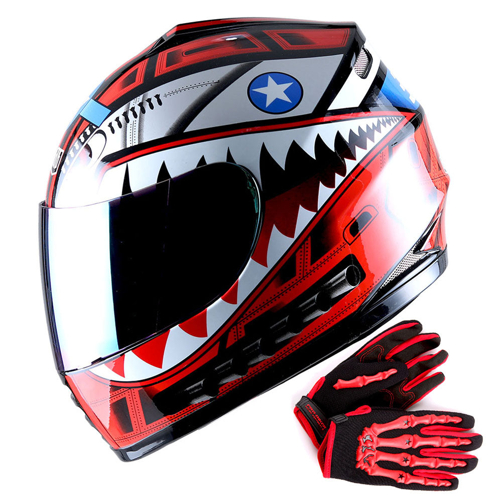 WOW Youth Motorcycle Full Face Helmet Street Bike BMX MX  Kids Shark + MX Skeleton Glove Bundle: HKY-B15