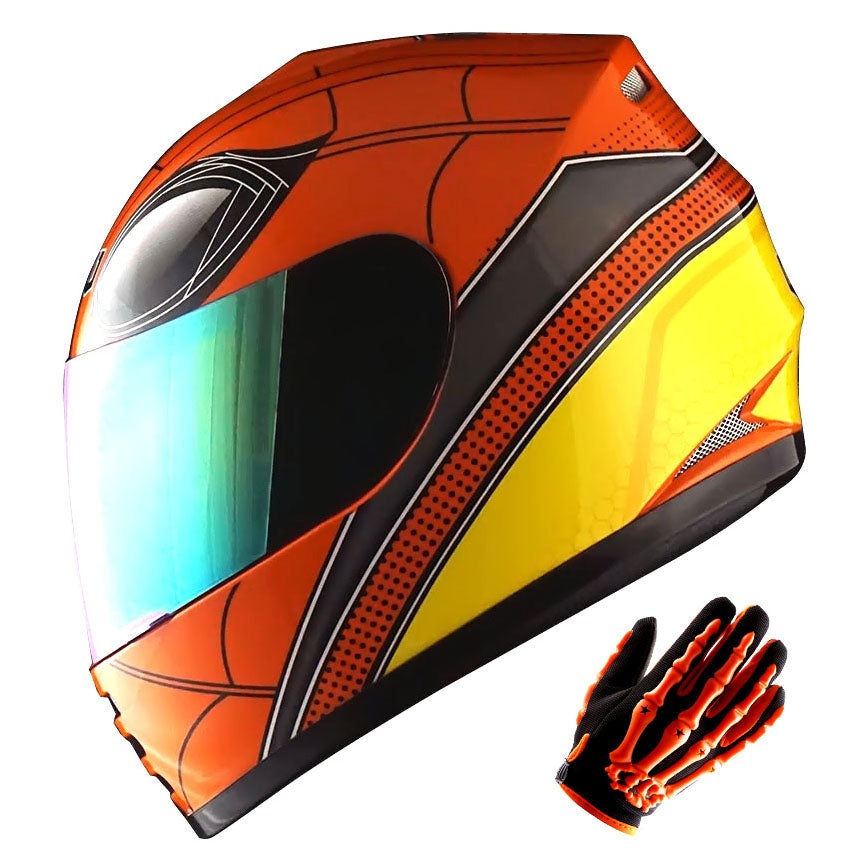 WOW Youth Motorcycle Full Face Helmet Street Bike BMX MX  Kids Shark + MX Skeleton Glove Bundle: HKY-B15