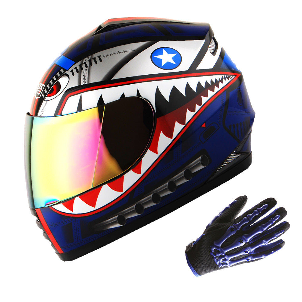 WOW Youth Motorcycle Full Face Helmet Street Bike BMX MX  Kids Shark + MX Skeleton Glove Bundle: HKY-B15