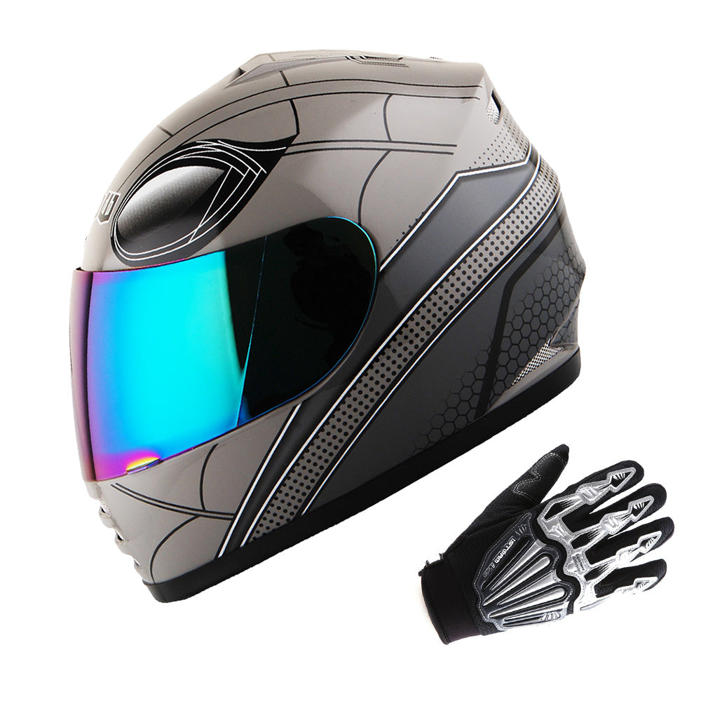 WOW Youth Kids Motorcycle Full Face Helmet Street Bike BMX MX + Skeleton Glove Bundle: HKY-B15