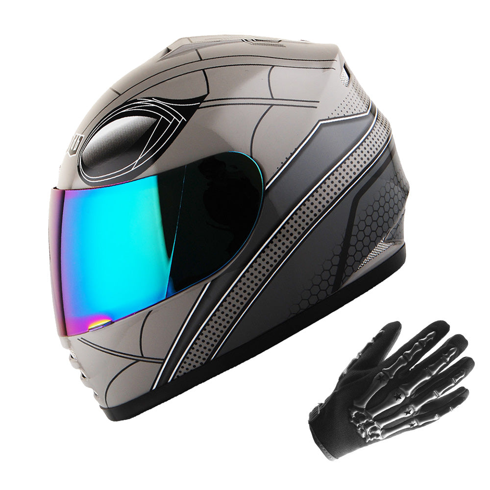 WOW Youth Motorcycle Full Face Helmet Street Bike BMX MX  Kids Shark + MX Skeleton Glove Bundle: HKY-B15