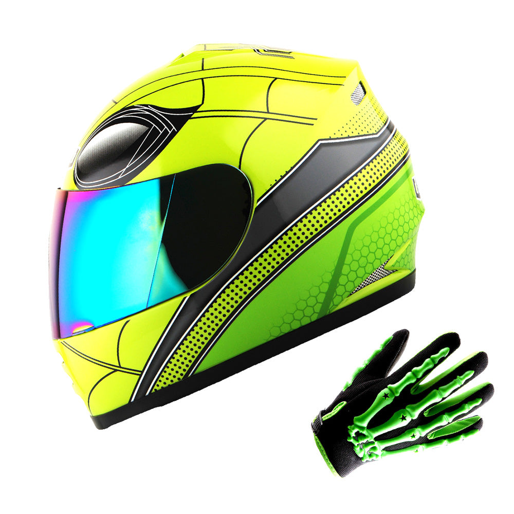 WOW Youth Motorcycle Full Face Helmet Street Bike BMX MX  Kids Shark + MX Skeleton Glove Bundle: HKY-B15