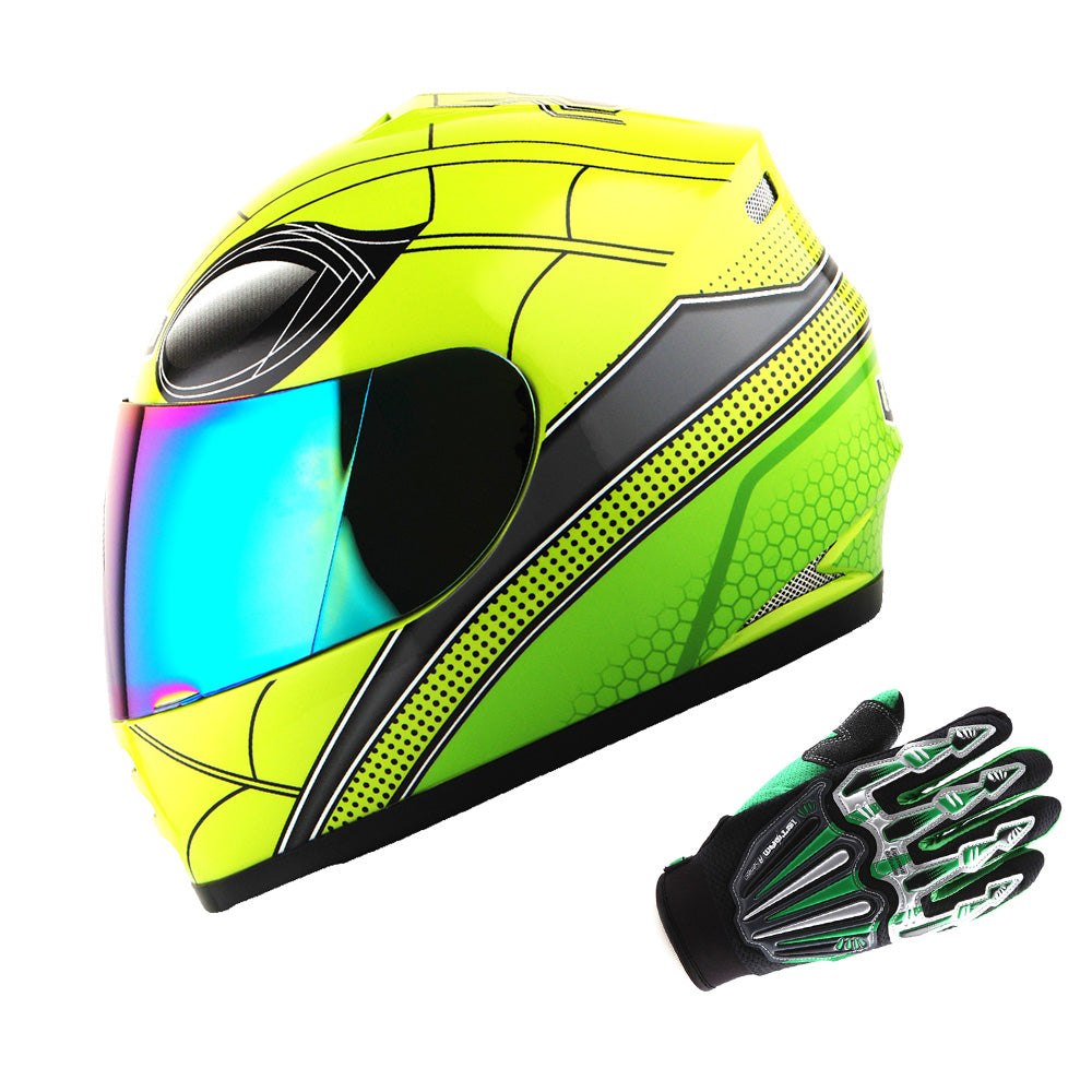 WOW Youth Kids Motorcycle Full Face Helmet Street Bike BMX MX + Skeleton Glove Bundle: HKY-B15