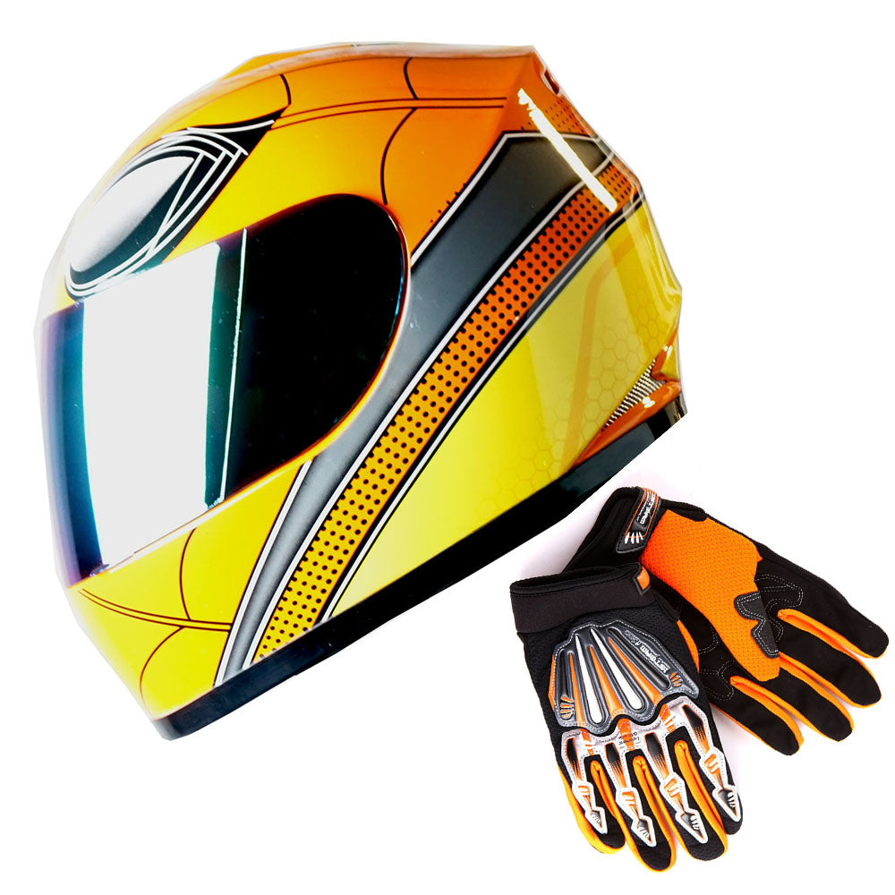 WOW Youth Kids Motorcycle Full Face Helmet Street Bike BMX MX + Skeleton Glove Bundle: HKY-B15