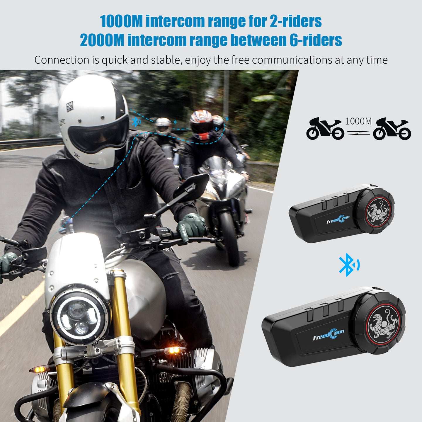 FreedConn KY-Pro Motocycle Helmet Waterproof and Wireless Bluetooth Headset /FM Radio/1000M Intercom/6 Riders Intercom/ Moto Biking & Skiiing/ Universal Pairing with most of other brands bluetooths