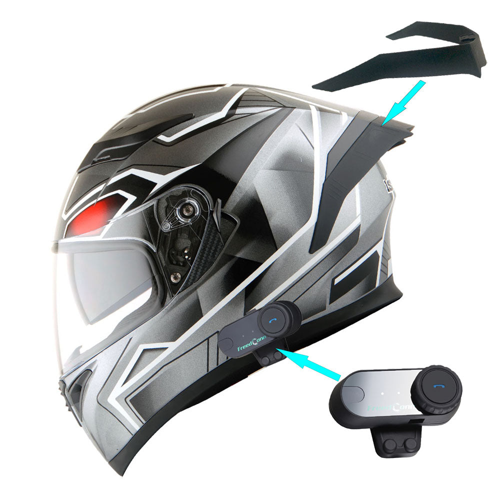 1Storm Motorcycle Full Face Flip up Dual Visor Helmet + Spoiler + Motorcycle Bluetooth Headset: HJK316