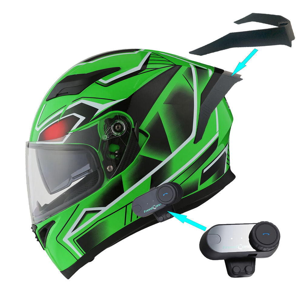 1Storm Motorcycle Full Face Flip up Dual Visor Helmet + Spoiler + Motorcycle Bluetooth Headset: HJK316