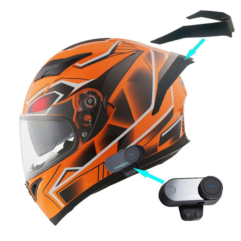 1Storm Motorcycle Full Face Flip up Dual Visor Helmet + Spoiler + Motorcycle Bluetooth Headset: HJK316