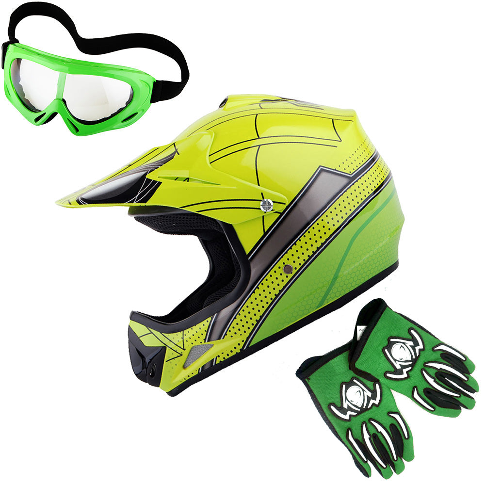 WOW Youth Kids Motocross BMX MX ATV Dirt Helmet HJOY + Goggles + MG Youth Glove Bundle