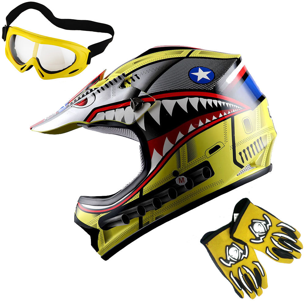 WOW Youth Motocross Helmet Kids Motorcycle Helmet HBOY + Goggles + MG Youth Glove Bundle