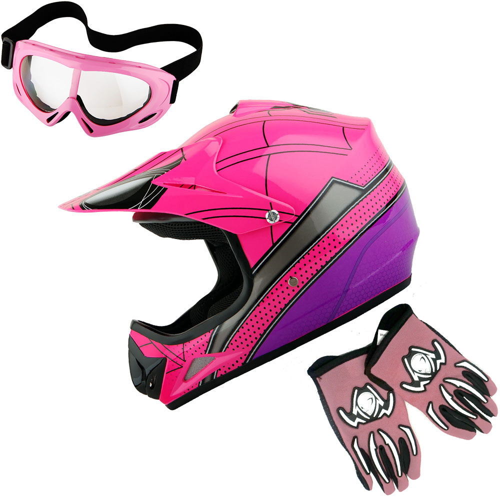 WOW Youth Kids Motocross BMX MX ATV Dirt Helmet HJOY + Goggles + MG Youth Glove Bundle
