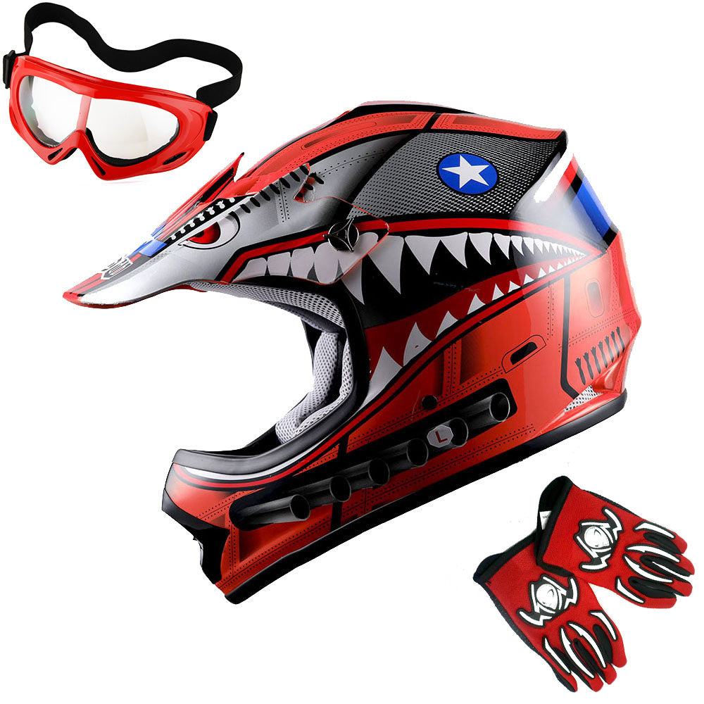 WOW Youth Motocross Helmet Kids Motorcycle Helmet HBOY + Goggles + MG Youth Glove Bundle