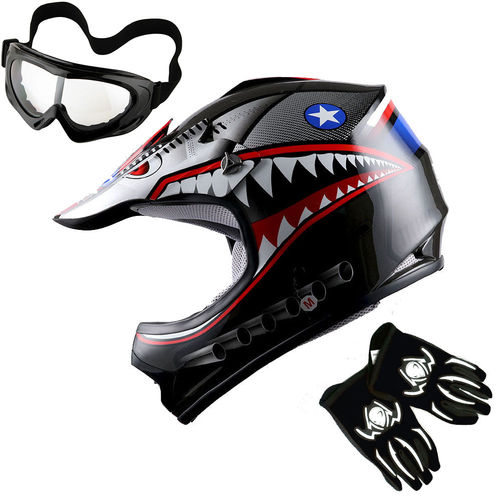 WOW Youth Motocross Helmet Kids Motorcycle Helmet HBOY + Goggles + MG Youth Glove Bundle