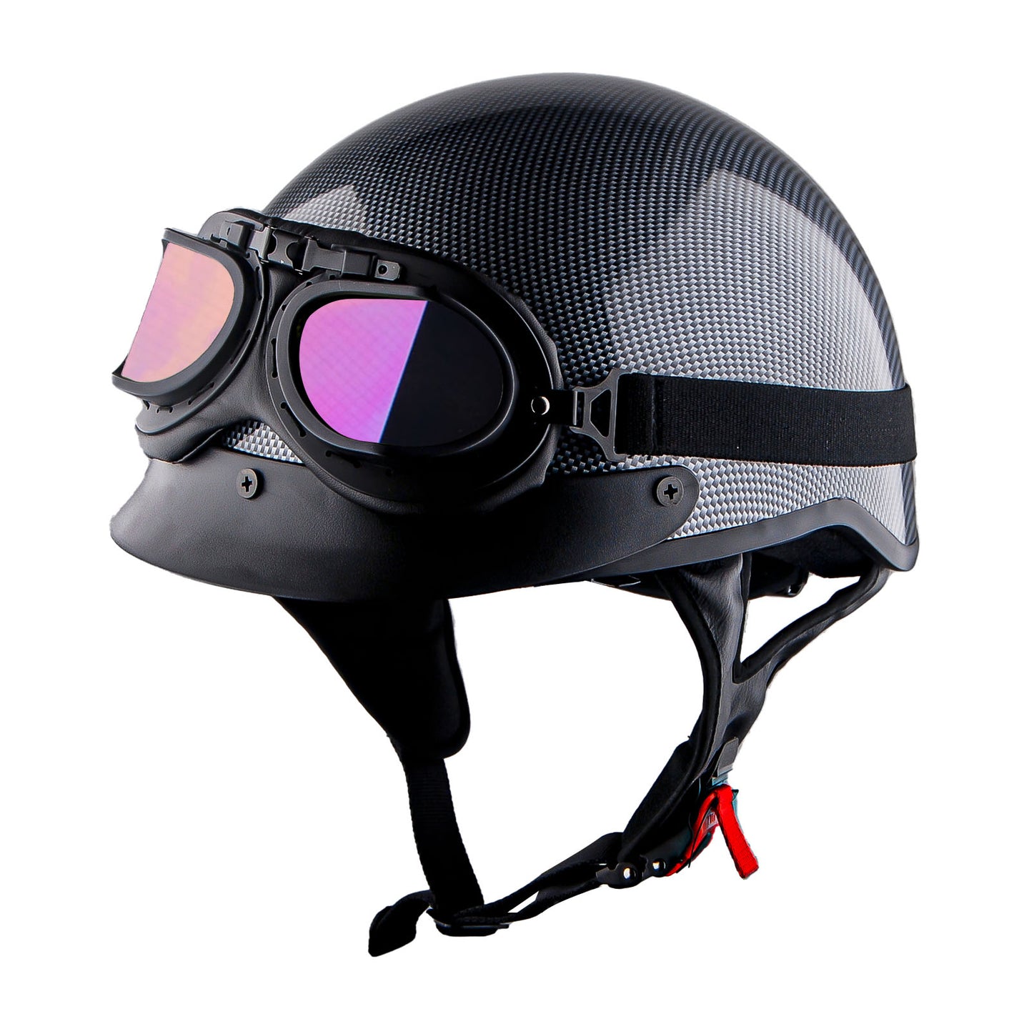 1Storm Motorcycle Half Face Helmet Mopeds Scooter Pilot with retractable Inner Smoked Visor, HKY205V + T008 Black Tinted Goggle Bundle