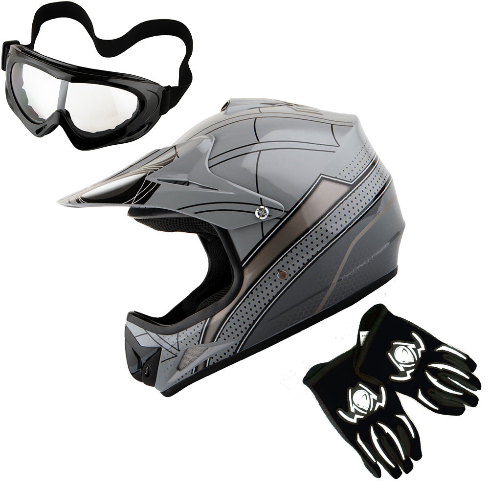 WOW Youth Kids Motocross BMX MX ATV Dirt Helmet HJOY + Goggles + MG Youth Glove Bundle