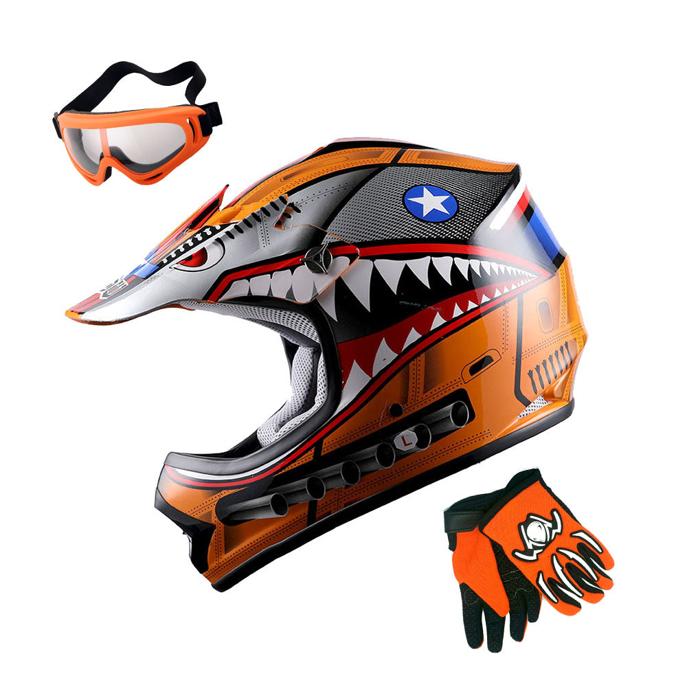 WOW Youth Motocross Helmet Kids Motorcycle Helmet HBOY + Goggles + MG Youth Glove Bundle