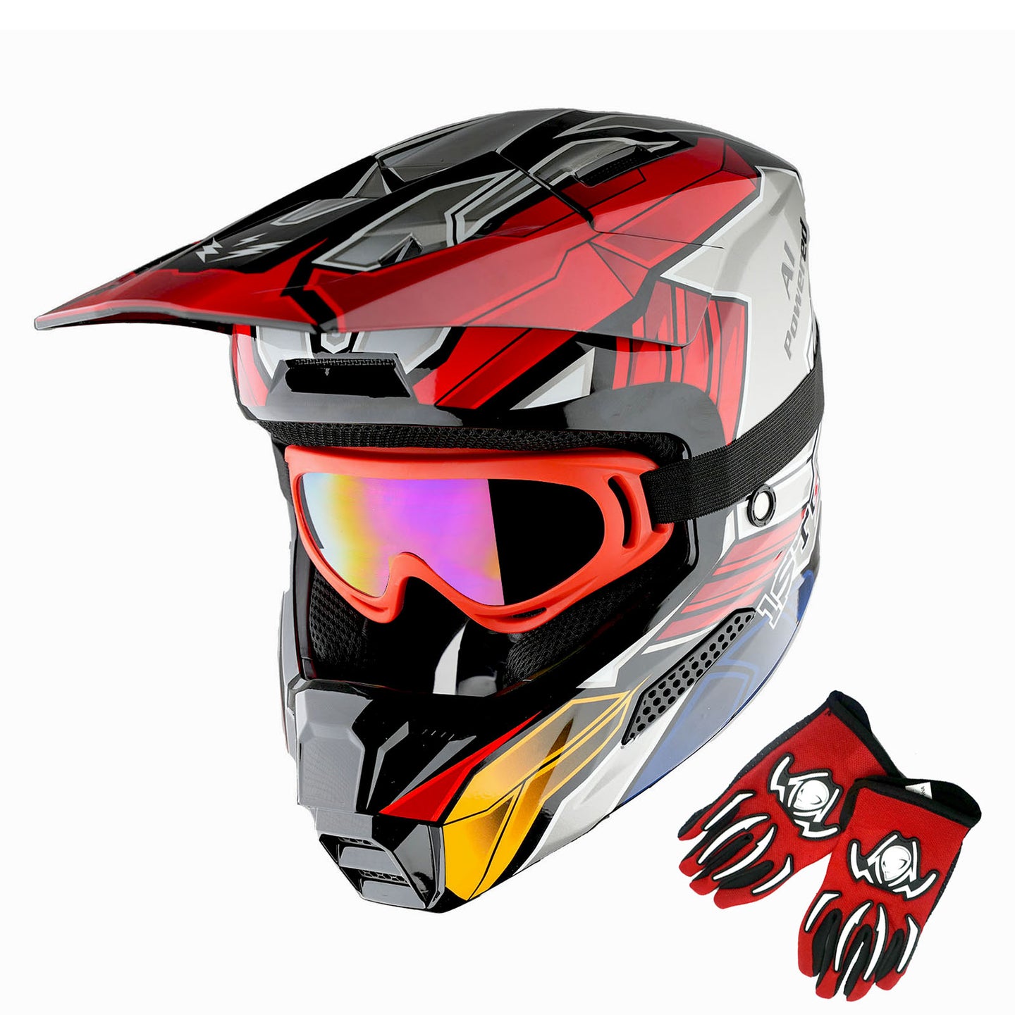 1Storm New Youth Kids BMX MX Bike Helmet Motocross Helmet Teenager T602 + Goggles + Gloves Bundle