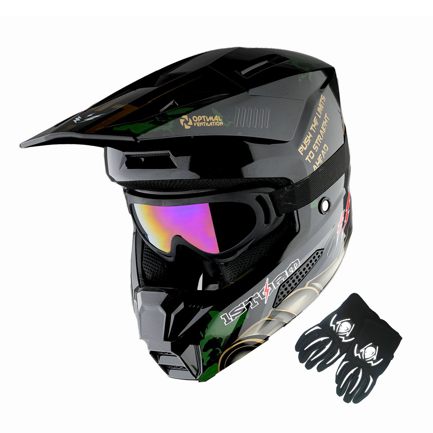 1Storm New Youth Kids BMX MX Bike Helmet Motocross Helmet Teenager T602 + Goggles + Gloves Bundle